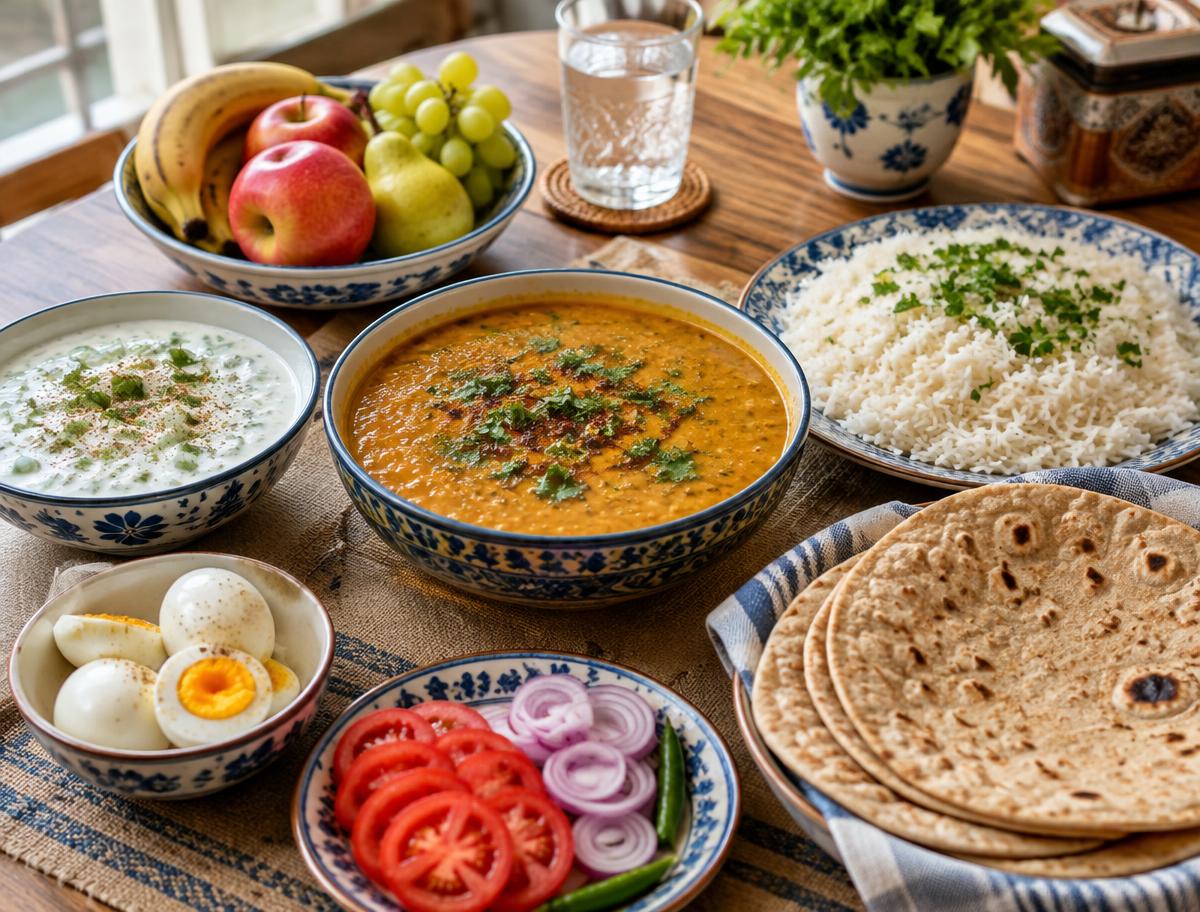 Affordable home meal of daal, rice, roti, raita, eggs and fruit