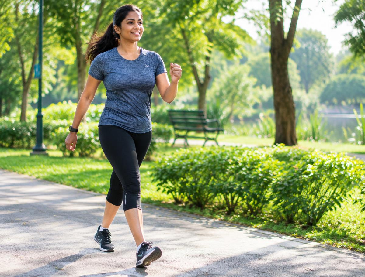 Woman brisk walking in a green park