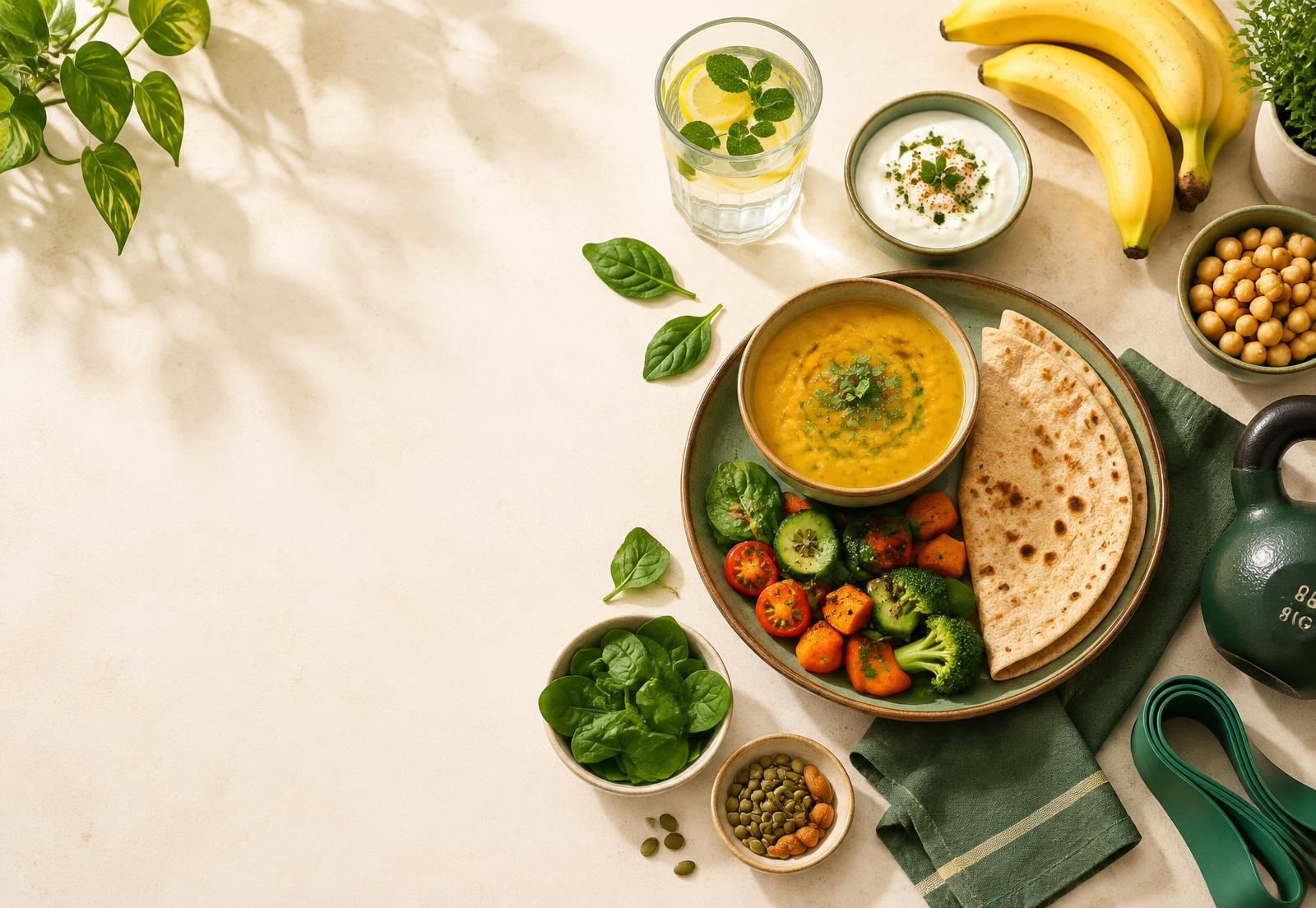 Healthy daal, roti, yogurt, fruit and fitness gear
